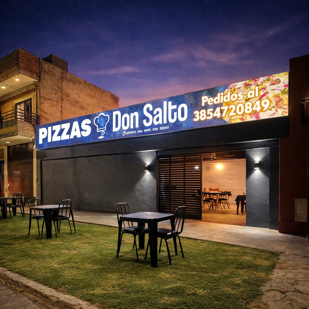Fachada nocturna de Pizzas Don Salto en Santiago del Estero